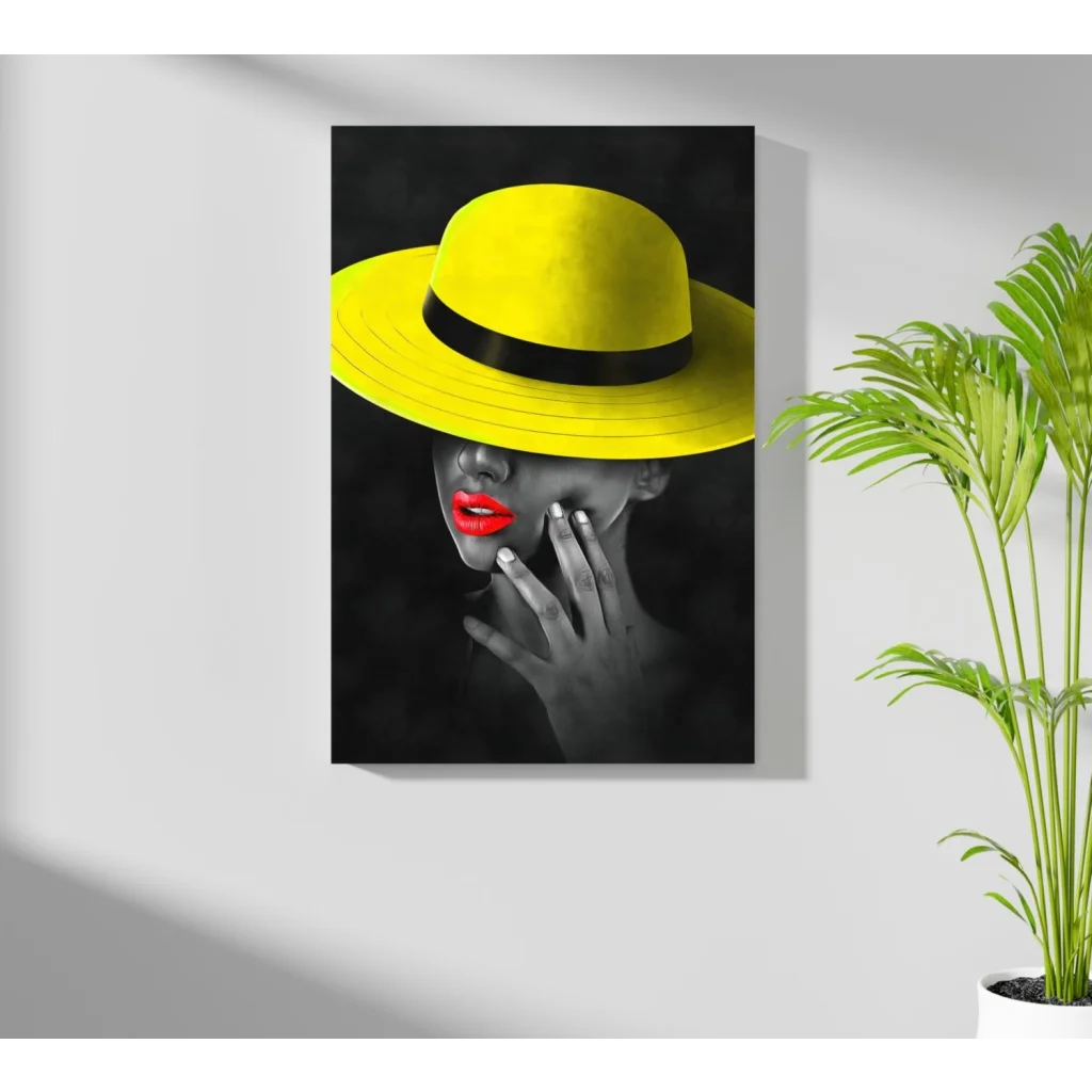 Vibrant yellow fedora on woman in stylized portrait, insigne aluminum print