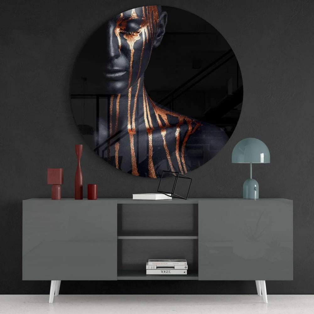 Stunning copper streaks tempered glass art circle above gray console
