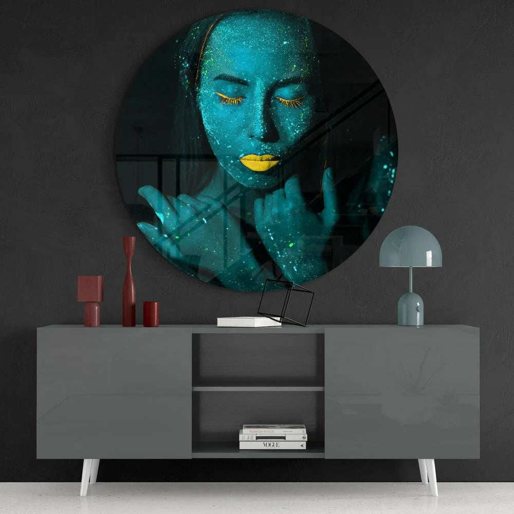Circular teal gold glitter woman tempered glass art on wall