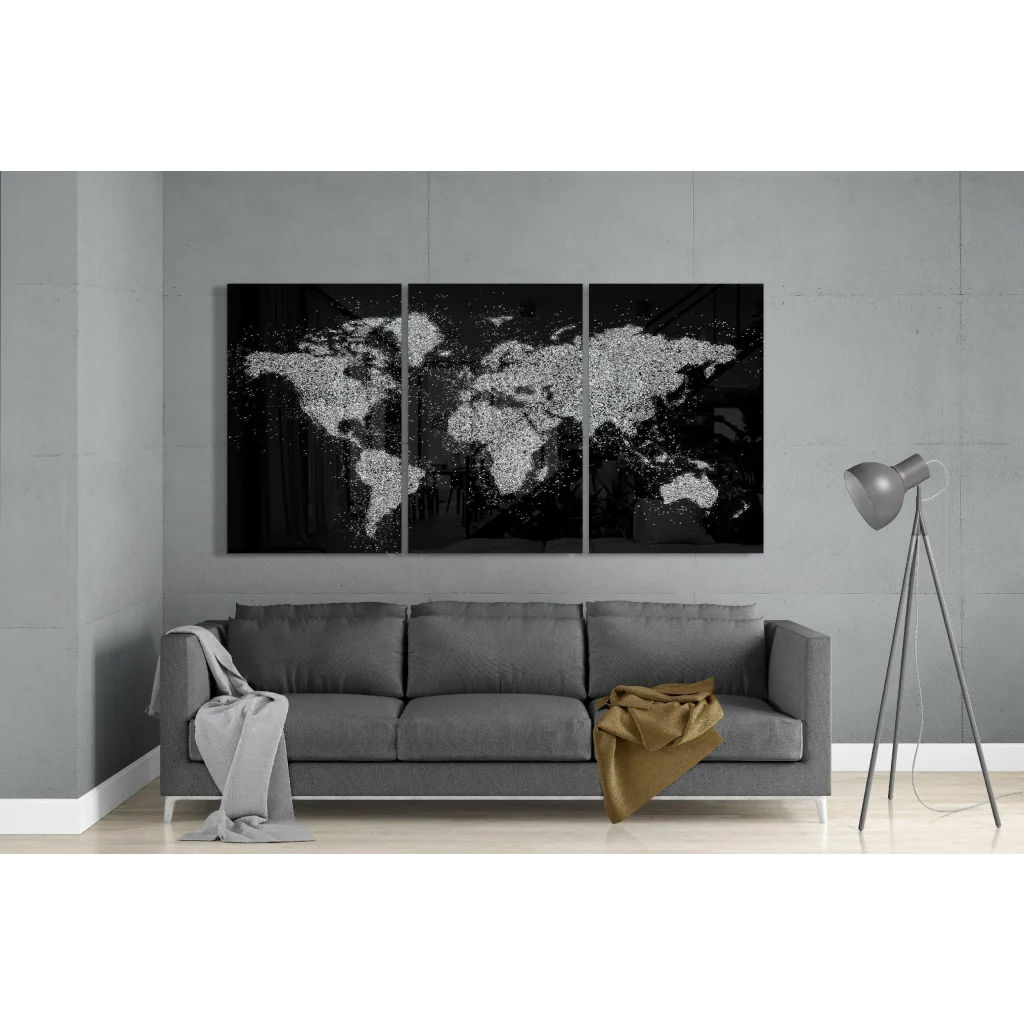Sparkling black silver world map glass wall art triptych