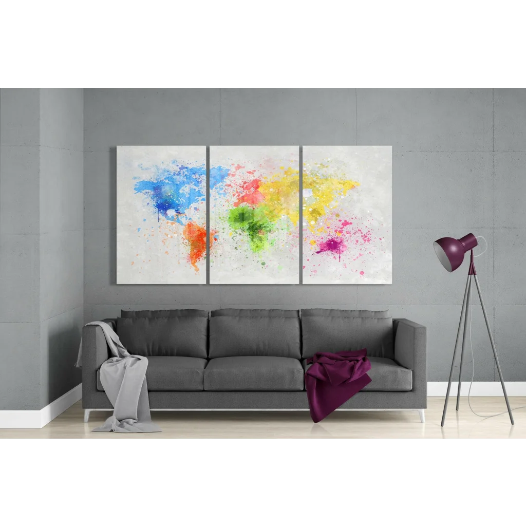 Vibrant three-panel world map wall art with colorful splashes