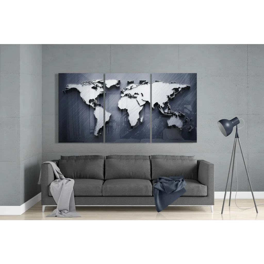 Three-panel silver world map wall art on dark gray textured background