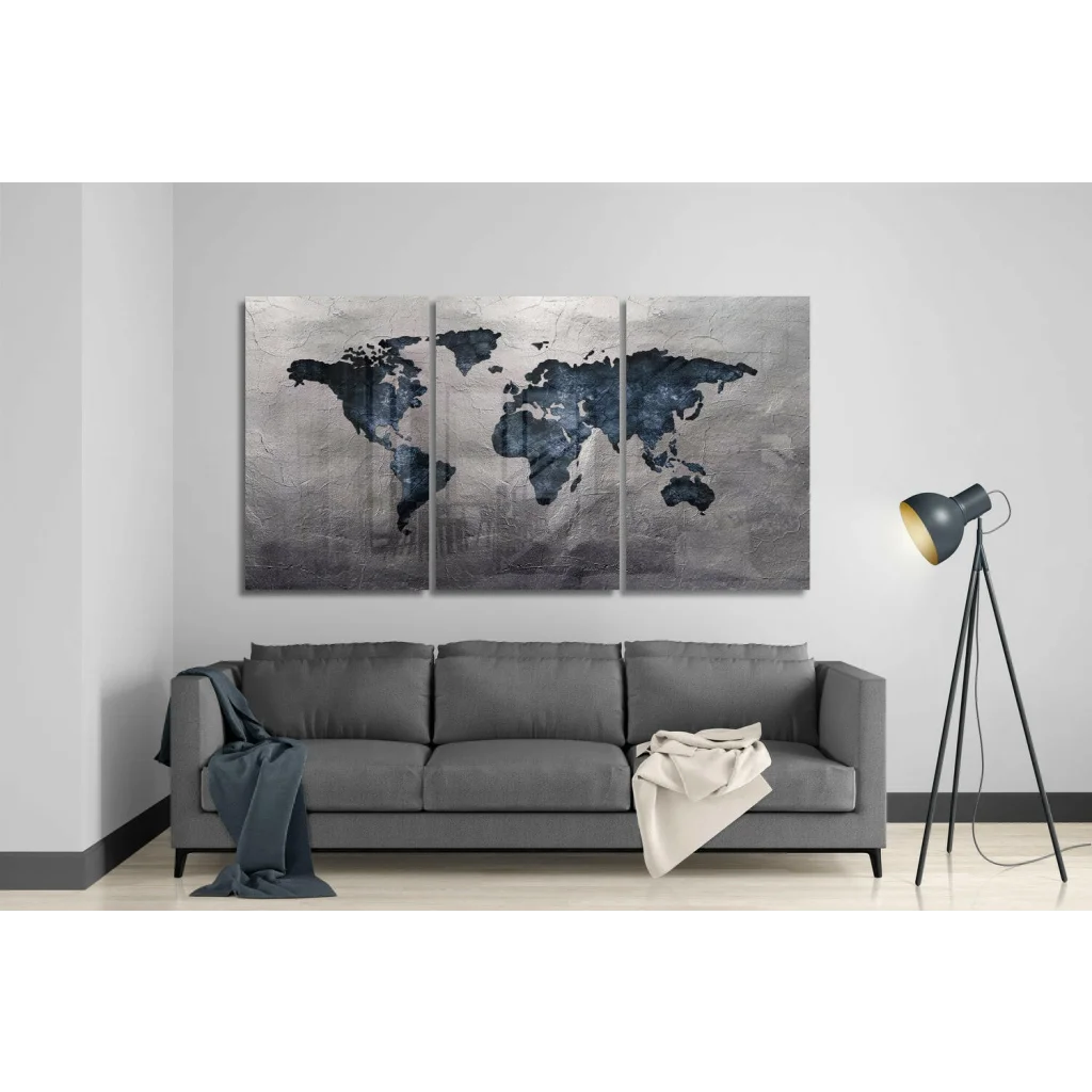 Stunning navy silver metallic world map glass wall art in textured tones