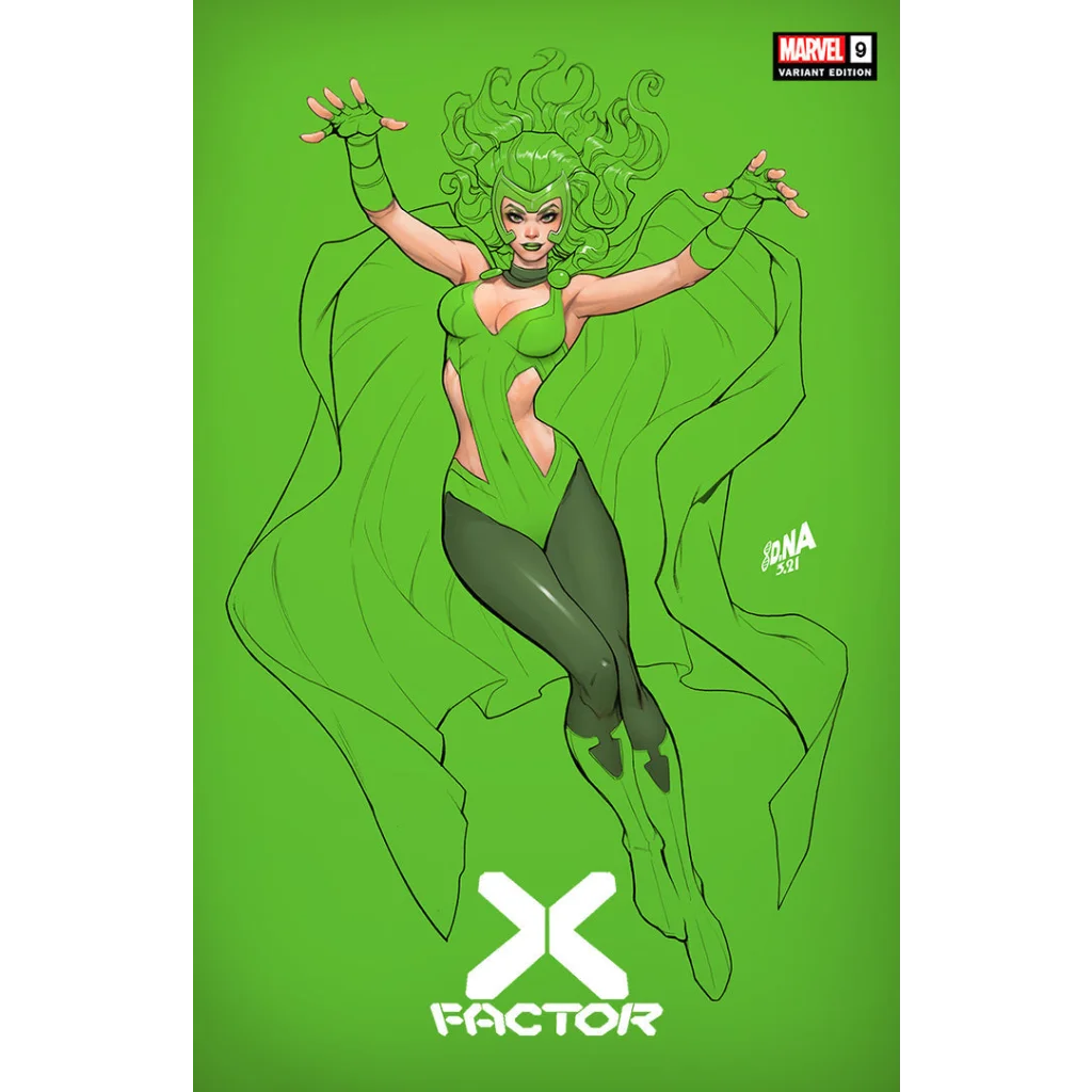 Comic book featuring green female hero with flowing hair and cape by David Nakayama