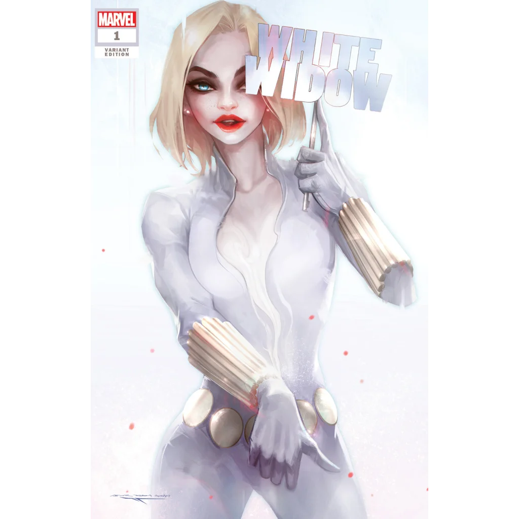Yelena Belova White Widow comic book cover with blonde woman in white suit holding White Widow sign
