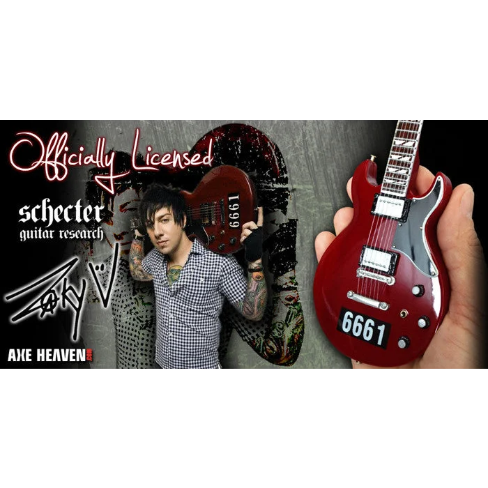 Zacky Vengeance mini guitar by Axe Heaven, red Schecter replica with 6661 design