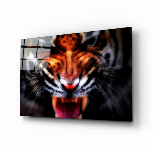 Angled view of amber glass wall art featuring a snarling tiger's face with open mouth against dark background, mounted on white wall.