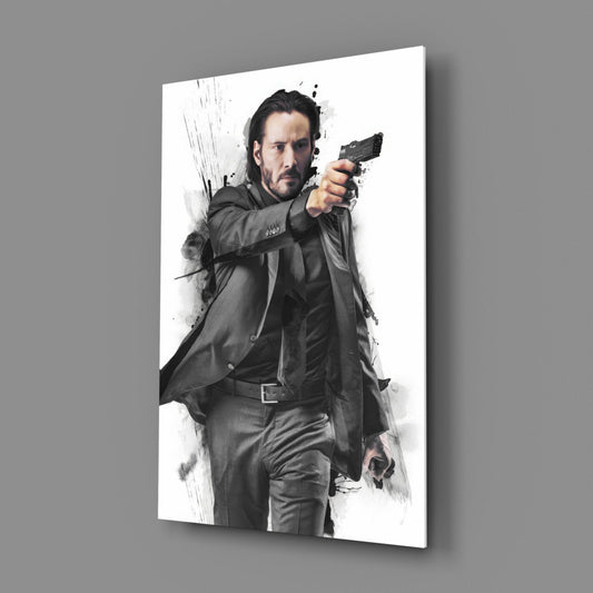 Man in dark suit and coat aiming handgun forward on white background, displayed on gray glass panel at angle.