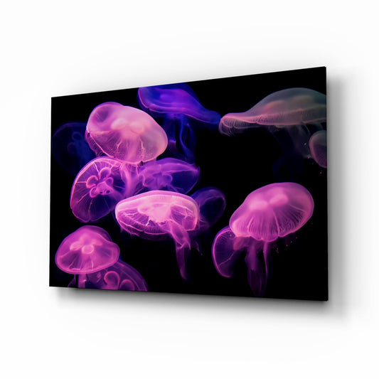 Angled perspective of illuminated glass wall art displaying bioluminescent jellyfish in pink and purple hues against black background.