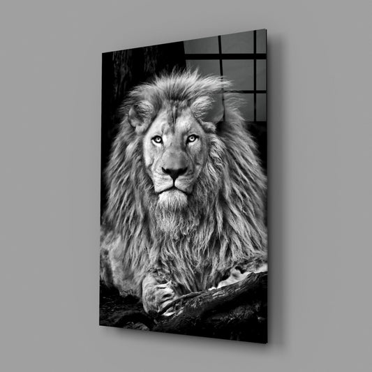 Black and white photograph of a lion's head on glass wall art mounted at an angle, showing the product's grid-patterned frame against a gray background.