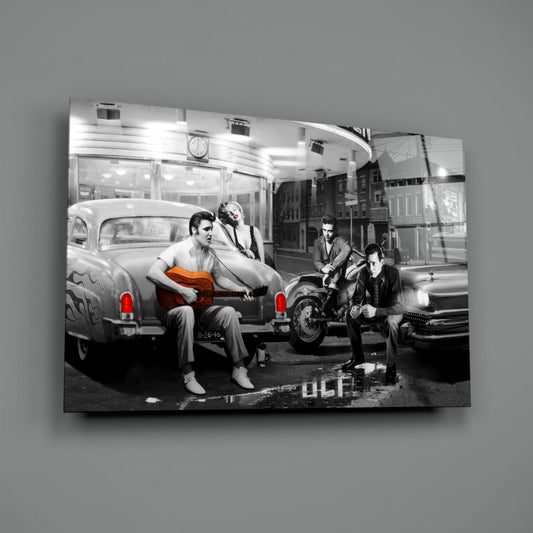 Black and white vintage street scene with musician playing guitar on car hood, selective color highlighting guitar and tail lights, 1950s aesthetic.