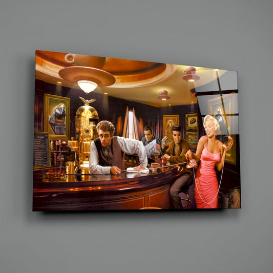 Glass wall art depicting a glamorous 1950s-style bar scene with a woman in a pink dress and men in suits under warm golden lighting.