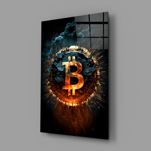 Angled perspective view of a glass wall panel displaying a glowing bitcoin symbol surrounded by explosive orange and blue energy effects on black background.