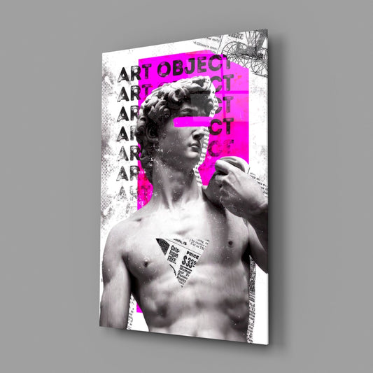 Angled view of glass wall art featuring classical marble statue torso with magenta overlay and repeated "ART OBJECT" text on white background.