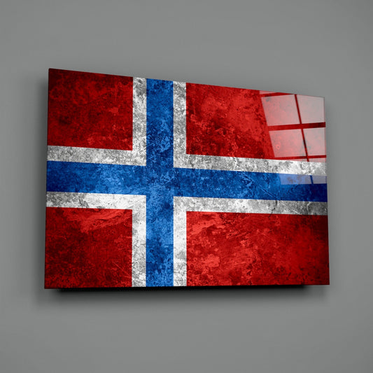 Norwegian flag glass wall art with red, blue, white, and gray stone texture displayed at an angled perspective against neutral background.