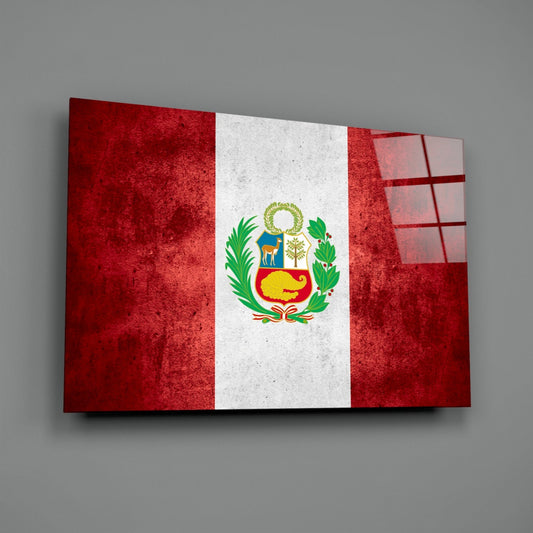 Angled front view of a glass wall panel displaying Peru's flag with red-white-red stripes and centered coat of arms on gray background.