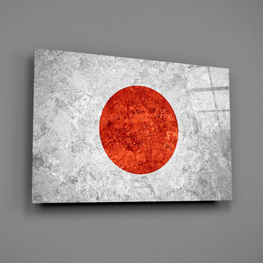 Japanese flag glass wall art panel displayed at an angle against gray background, showing white textured surface with centered red circle.