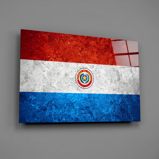 Three-dimensional glass wall art displaying the Paraguayan flag with red, white, and blue horizontal stripes and central emblem, shown at an angle against gray background.