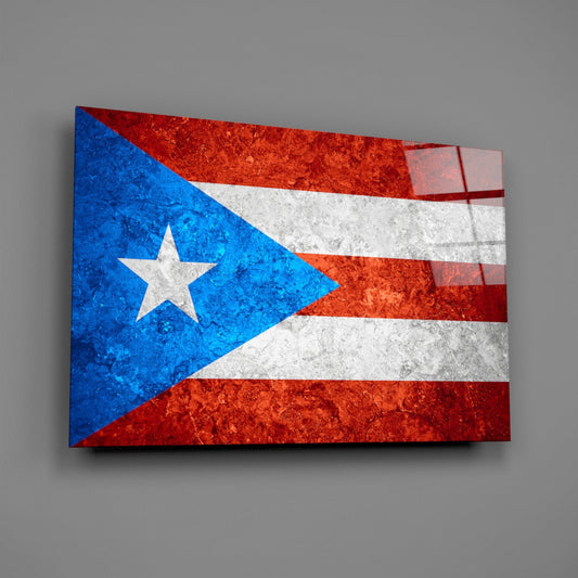 Puerto Rican flag with white star on blue triangle and red-white-red stripes displayed as frosted marble glass wall art against gray background.