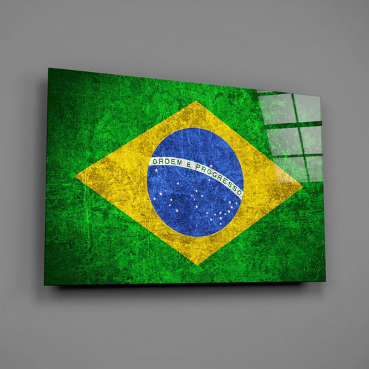 Angled front view of a glass wall art displaying the Brazilian flag with distressed green, yellow, and blue colors, text reading "ORDEM E PROGRESSO" visible on the blue circle.