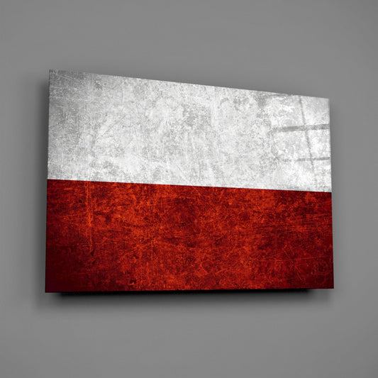 Angled front view of a rectangular glass panel displaying the Polish flag with white upper half and red lower half, mounted on gray wall with visible shadow.