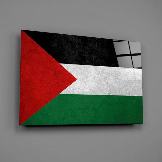 Palestinian flag with red, white, black, and green stripes and red triangle, displayed as matte textured glass wall art against gray background.
