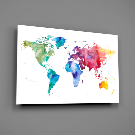 Rainbow watercolor world map mounted on gray wall, showing continents in vibrant blended colors against white background.