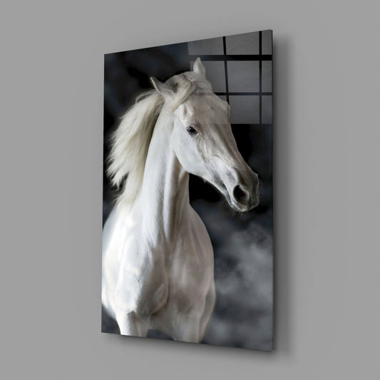 White horse with flowing mane in profile against dark background, mounted on glass panel with black grid pattern overlay.