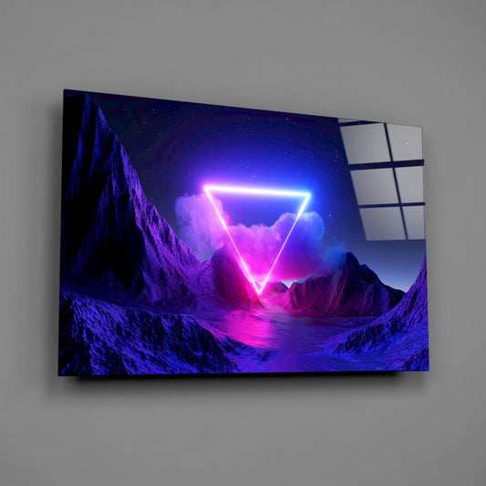 Angled view of glass wall art displaying a neon pink triangle against purple mountainous landscape with starry sky.