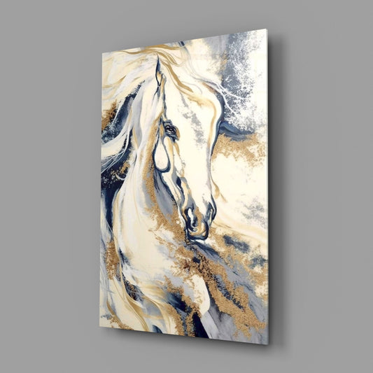 Angled view of glass wall art displaying an abstract white horse head with navy and gold marble texturing against neutral background.