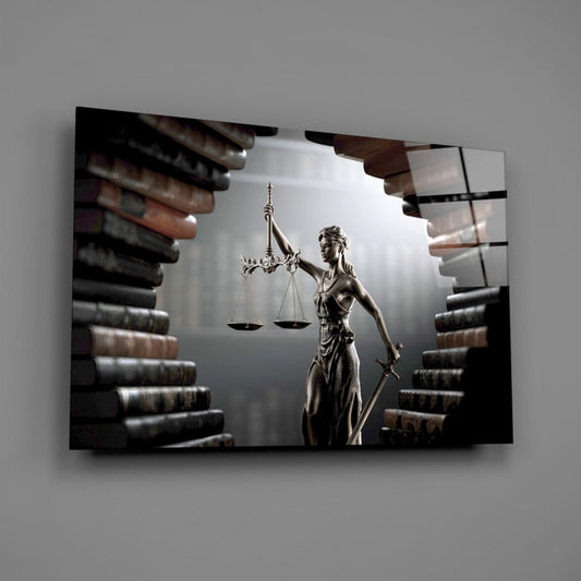 Glass wall art displaying Lady Justice statue centered between stacked law books on left and right sides against gray background.