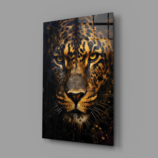 Angled view of a glass wall panel displaying a leopard's face in golden and black tones against a dark background with splatter effects.