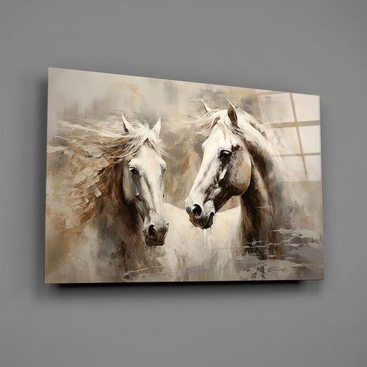 Two white horses with flowing manes depicted in beige and brown tones on a glass wall panel against gray background.