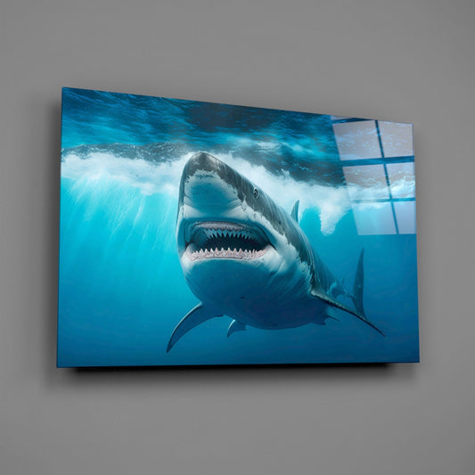 Glass wall art displaying an underwater photograph of a great white shark with open mouth swimming toward the camera against blue water and sunlit surface.