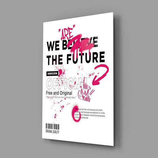 Angled perspective of white glass wall art featuring pink spray-painted text reading "Are We Before The Future" with black typography and motivational quote.