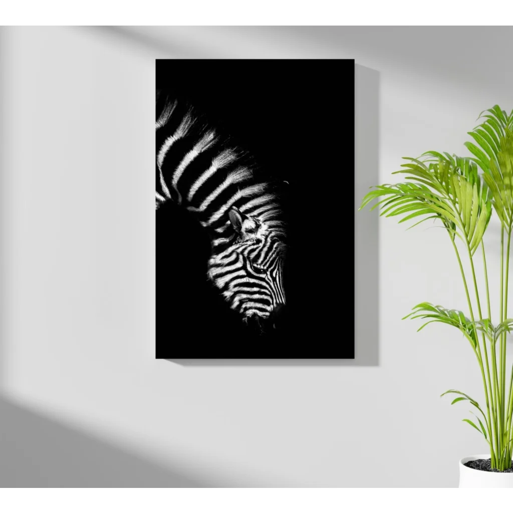 Striking zebra head close-up on Insigne aluminum print with wow factor