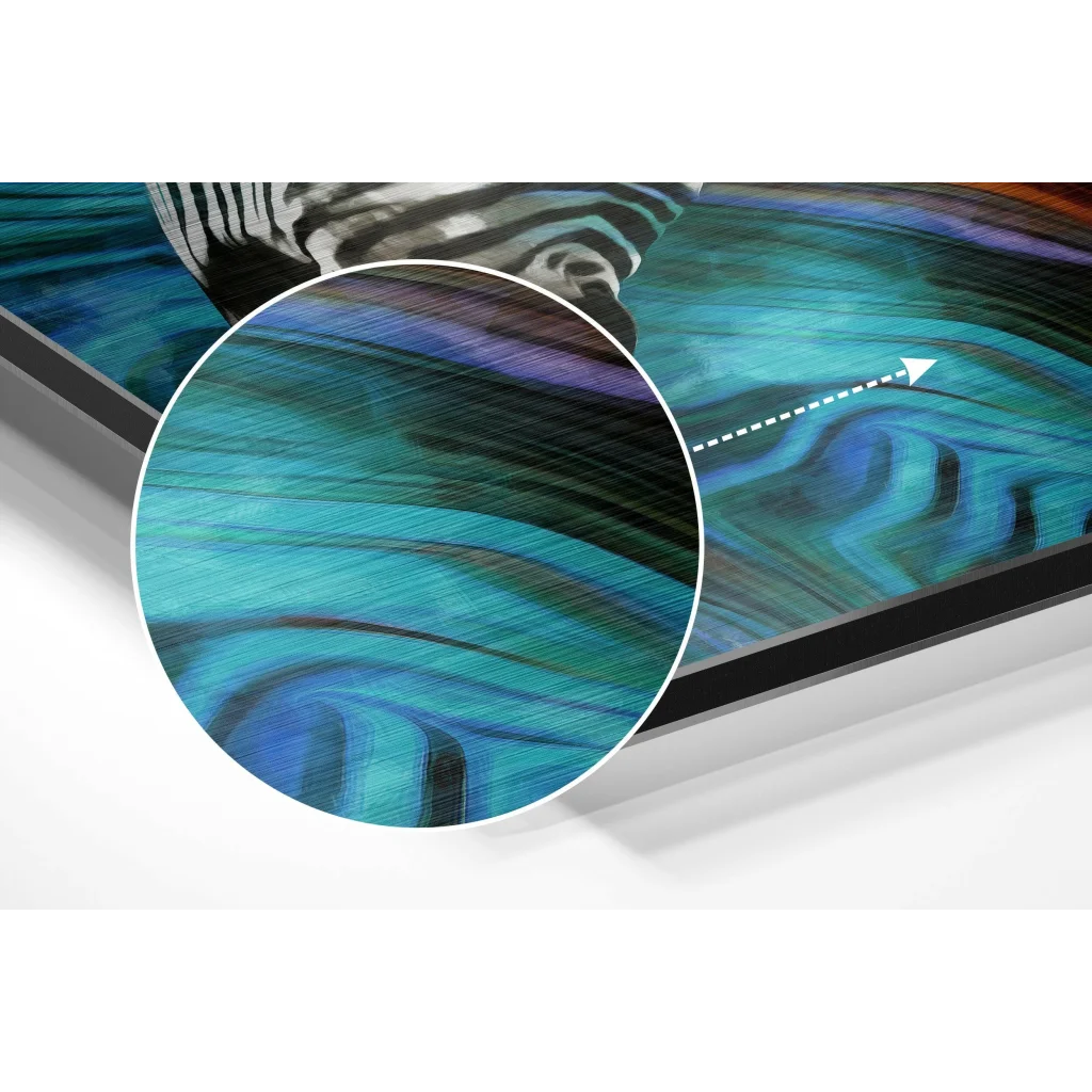 Zebra Waves brushed aluminium dibond wall art with abstract blue waves