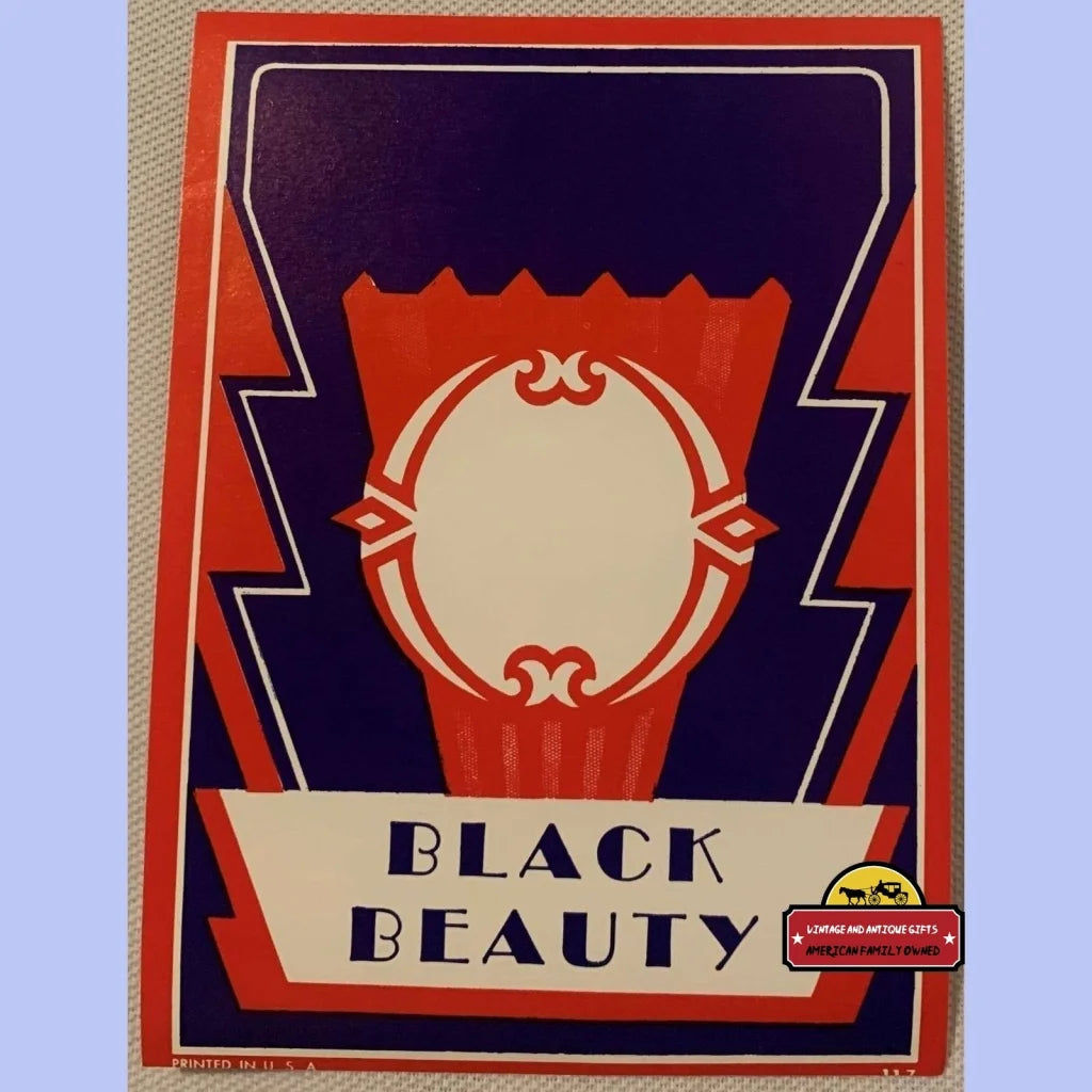 Vintage Black Beauty broom label featuring bold shapes and vibrant colors