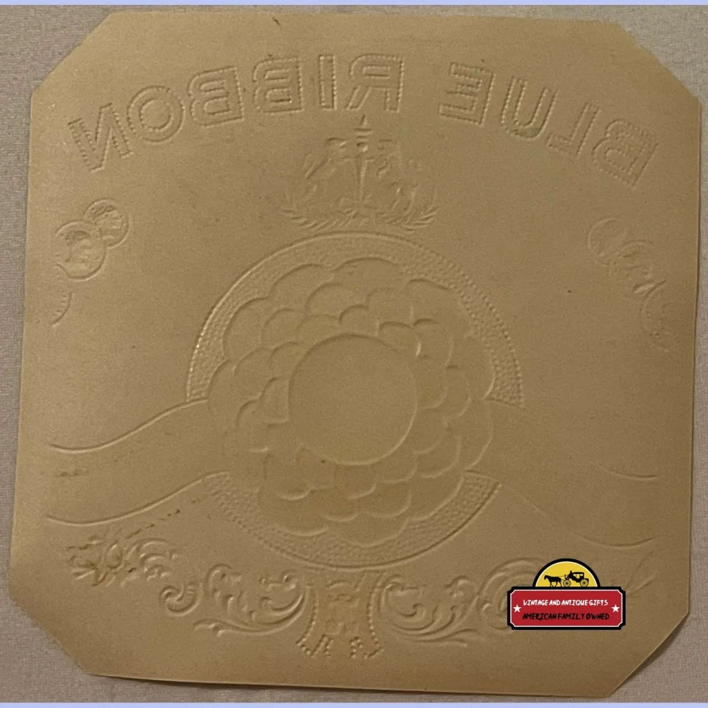 Embossed rubber stamp with reversed text on Antique Vintage Blue Ribbon Cigar Label
