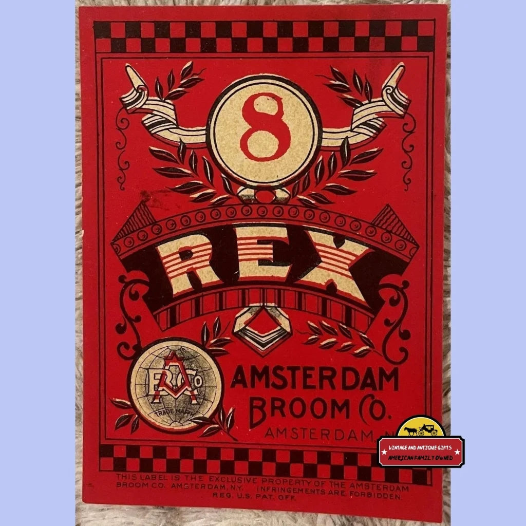 Vintage Rex Broom label with ornate typography adds Amsterdam NY charm to your decor