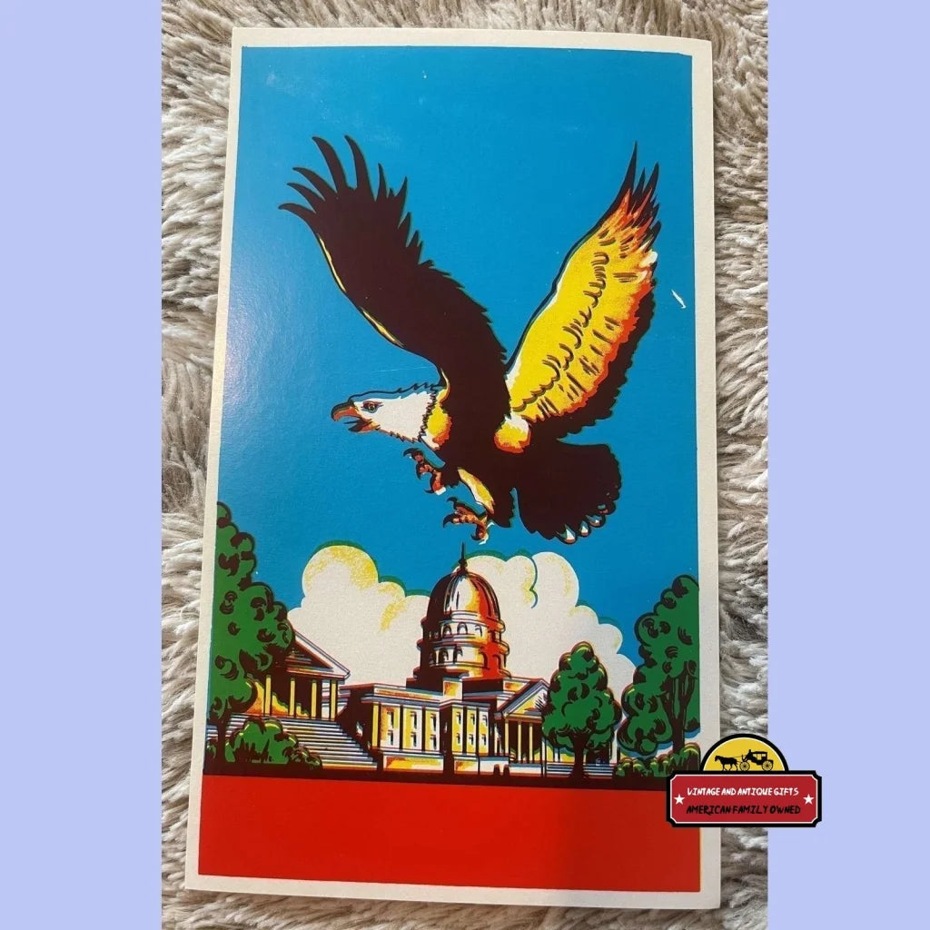 Colorful bald eagle soaring over the White House in a vintage broom label design