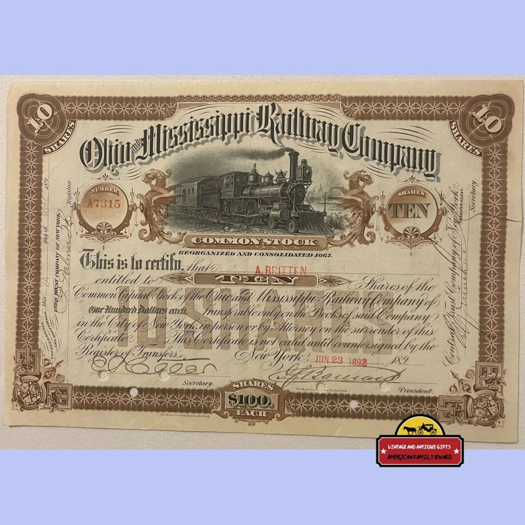 Very Rare Antique Ohio & Mississippi Railroad Stock Certificate 1880’s Vintage Advertisements and Bond Certificates