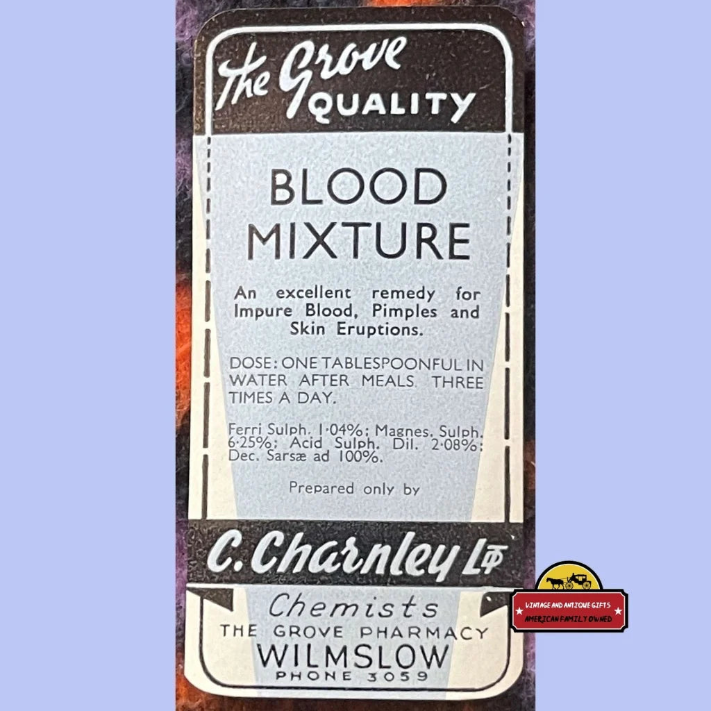 Very Rare Antique Vintage Blood Mixture Label The Grove Pharmacy 1910s - 1920s Advertisements and Gifts Home page