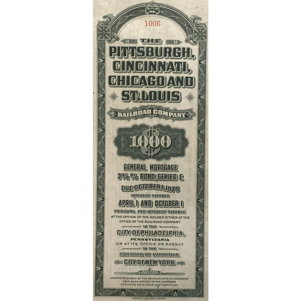 Vintage Railroad Bond Certificate from Pittsburgh, Cincinnati, Chicago and St. Louis Railroad Company