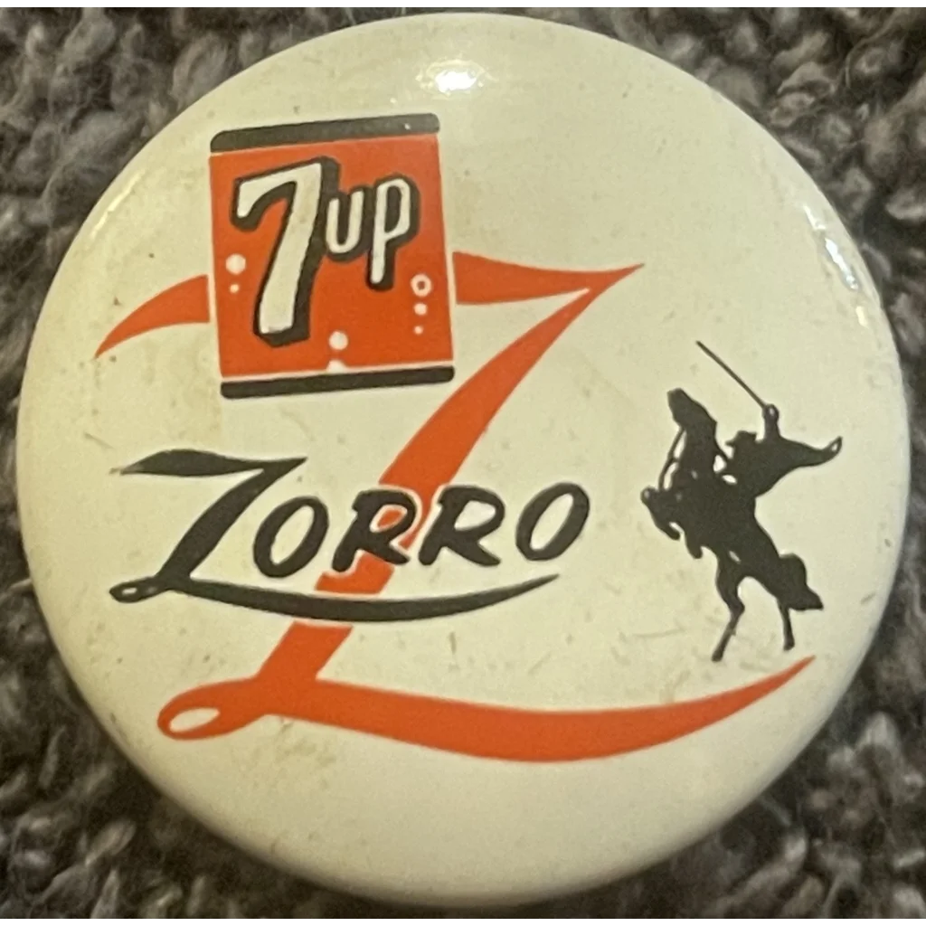 Vintage Zorro pin pinback with 7up logo and rider silhouette, a collector’s gem