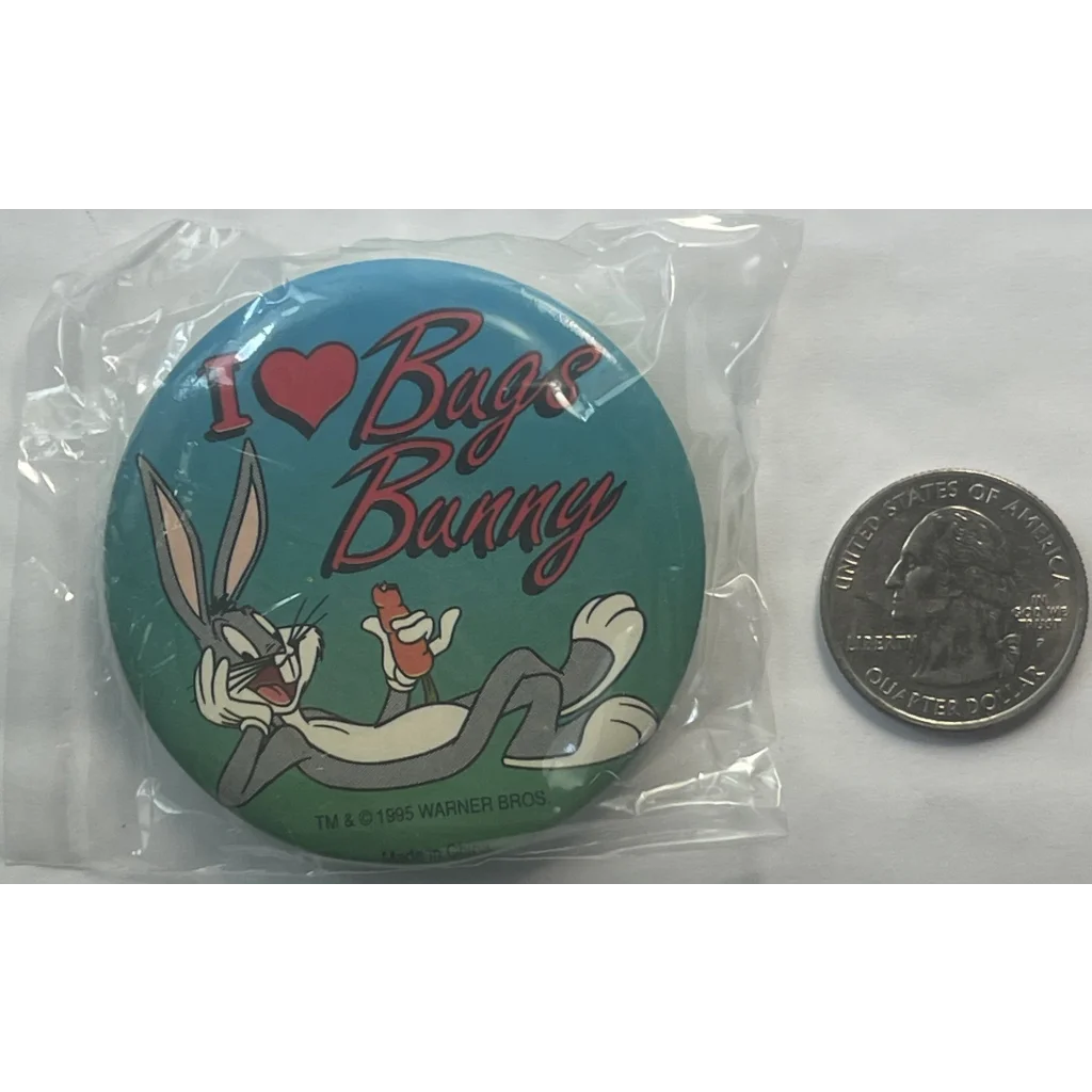 Circular Looney Tunes pin showing Bugs Bunny with I ❤️ Bugs Bunny text in wrapper
