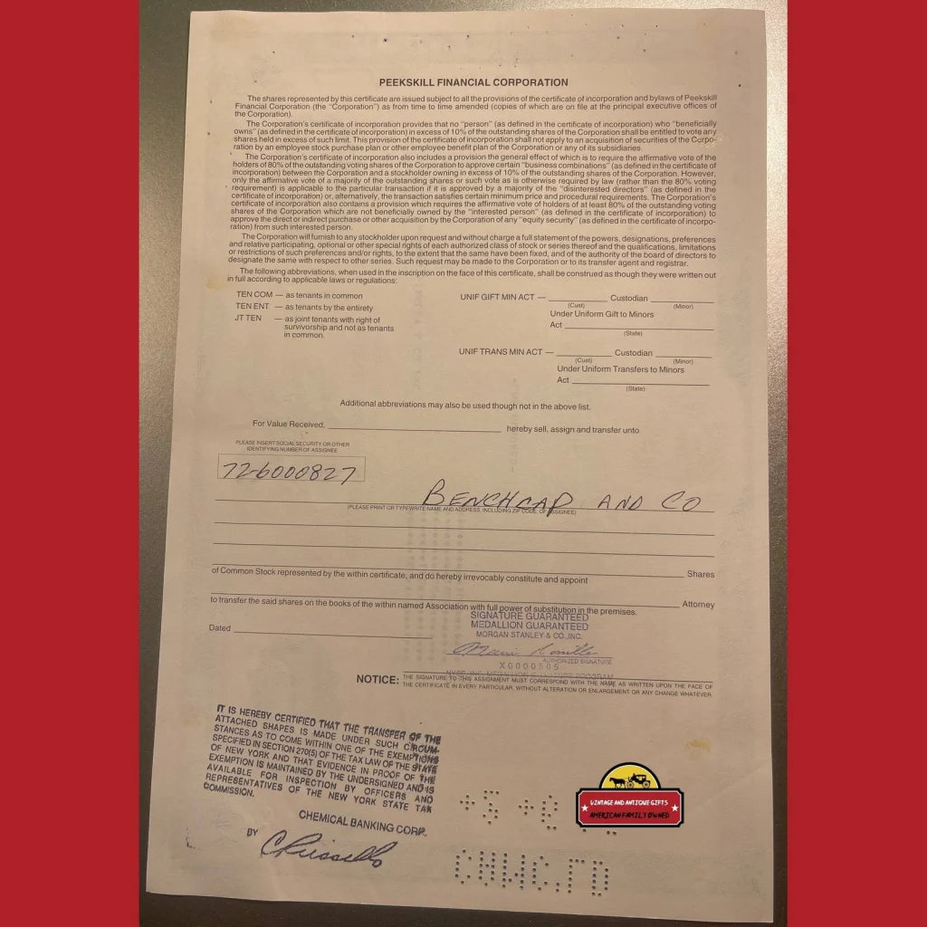 Official Peekskill Financial stock certificate from the 1990s with handwritten details