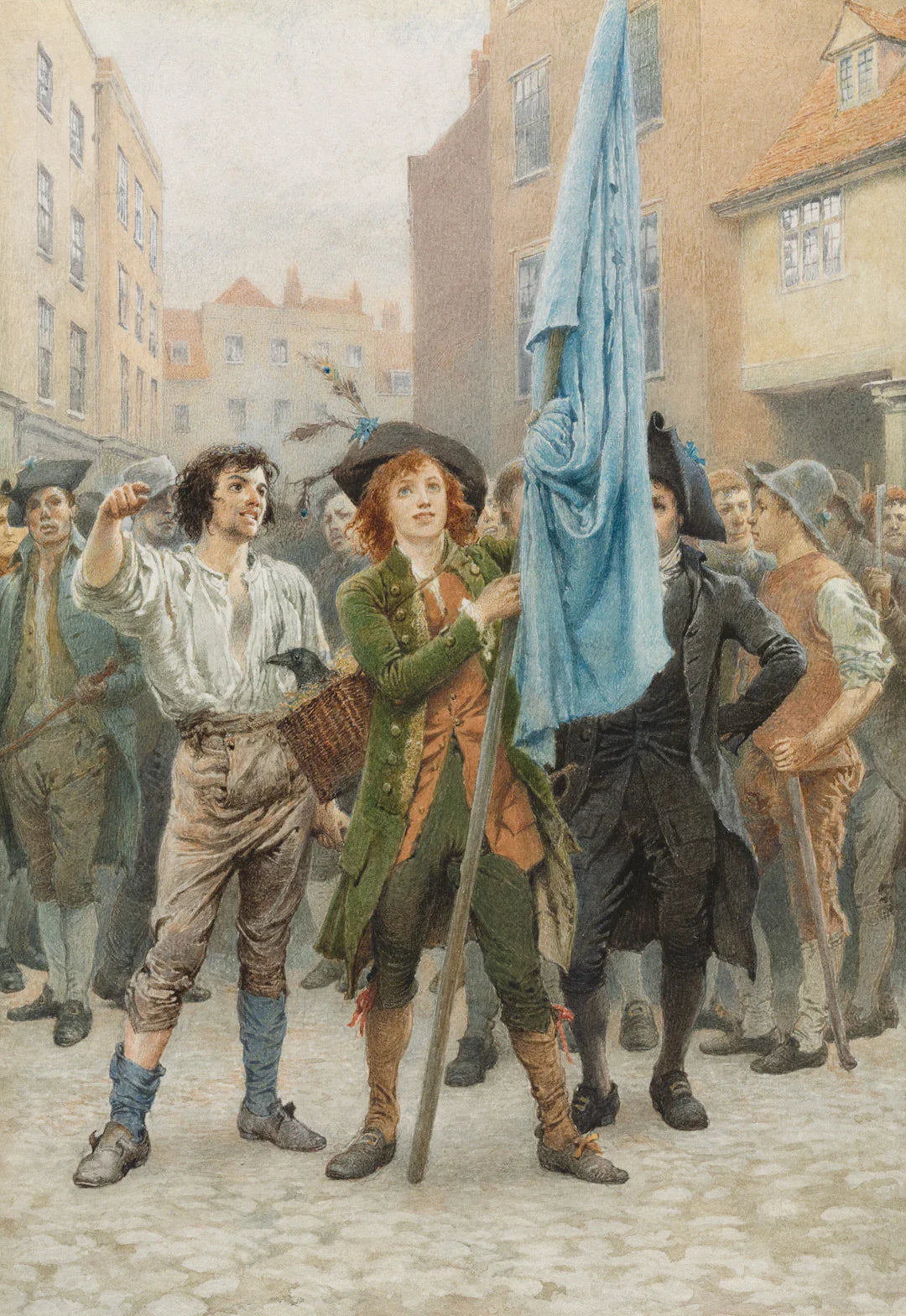 Men in 18th-century attire with a blue flag during the American Revolution’s industrial advancements