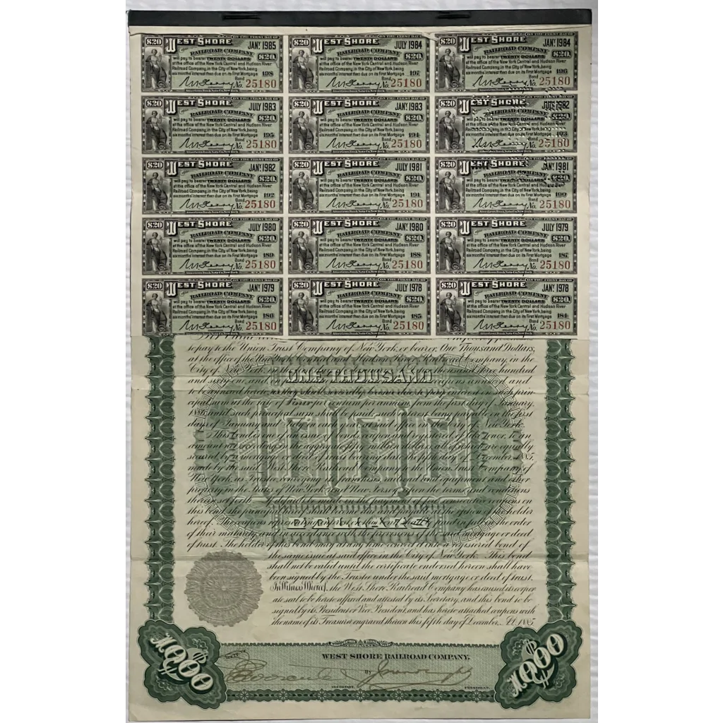 1885 West Shore Railroad gold bond certificate representing railroad construction financed during the era of mass immigration