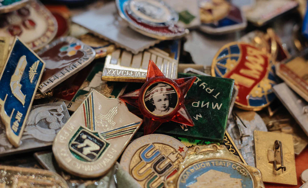 Vintage Soviet badge collection with Looney Tunes pinball nostalgia